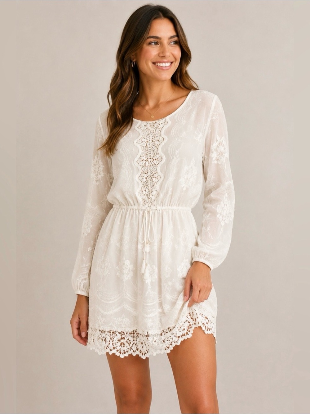Fate White Long Sleeve Lace Dress, Women’s Size Medium, mini
